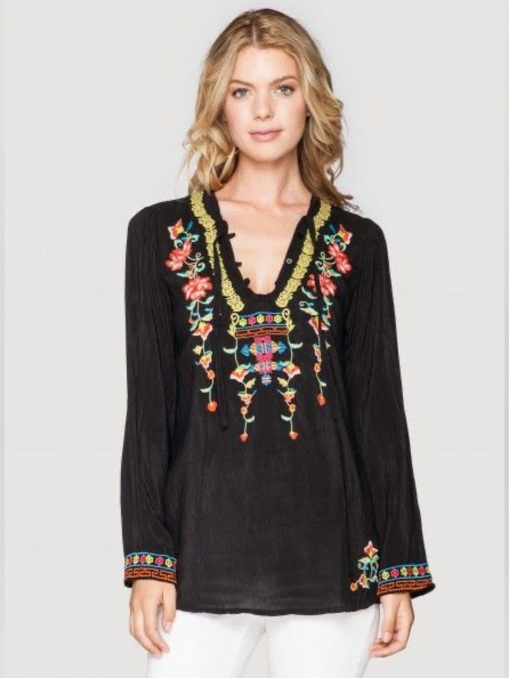 Johnny Was Suko Tunic Top Black Embroidered V-Neck Size Petite M